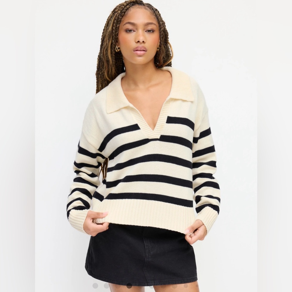 Cider Cream & Black Striped V-Neck Collared Sweater